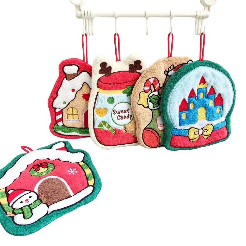 Christmas hanging hand towel coral fleece snow globe decor with plush festive oven mitts in gingerbread house candy jar designs