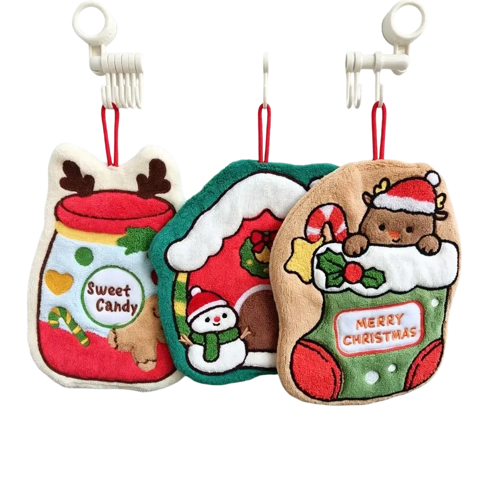 Three festive coral fleece christmas hanging hand towels with embroidered reindeer jar snowman house and santa claus designs