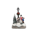 Christmas house light led snowman figurine featuring a 13cm snowman with red scarf, children, lamppost, and snowy pine base