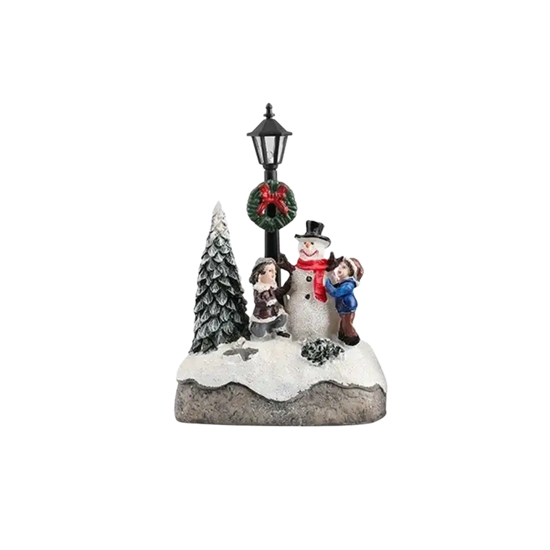 Christmas house light led snowman figurine featuring a 13cm snowman with red scarf, children, lamppost, and snowy pine base