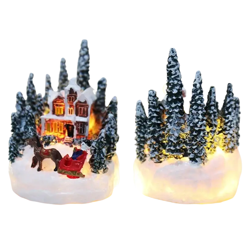 Snowy christmas village diorama featuring illuminated trees and a glowing house night light for christmas decorations