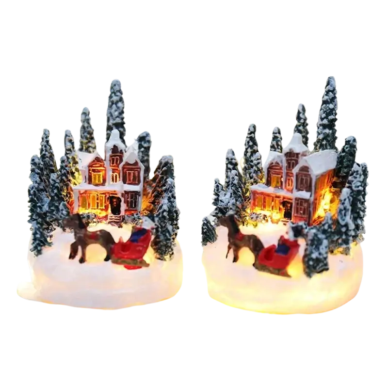 Two illuminated snow village christmas house night lights with frosted pine trees and reindeer sleigh decor