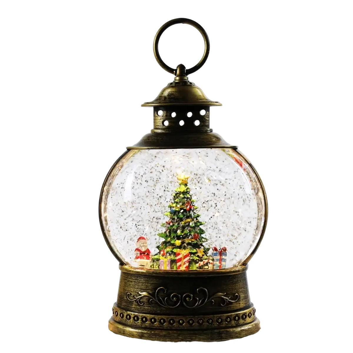 Antique brass lantern shaped christmas snow globe music box with miniature tree santa claus and swirling glitter inside