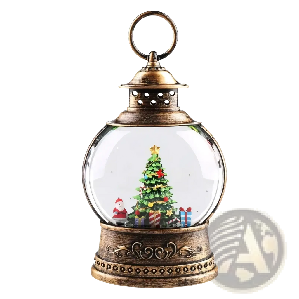 Antique brass lantern snow globe music box with miniature Christmas tree Santa Claus and wrapped gifts inside clear sphere