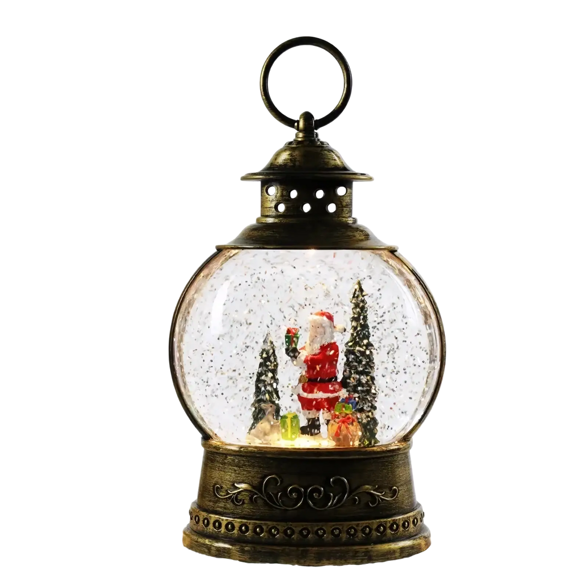 Antique brass christmas lantern snow globe music box featuring miniature santa with snowy pine trees and gifts inside