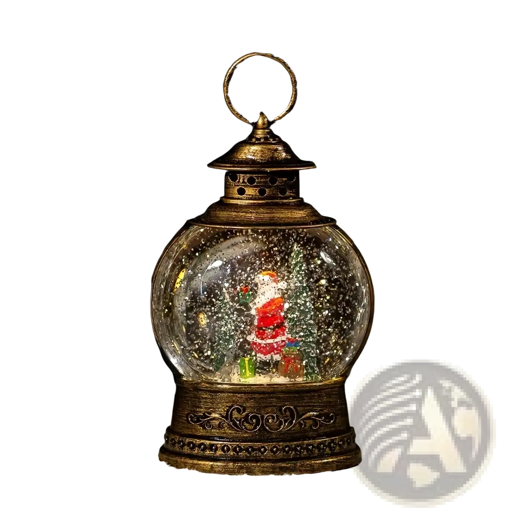 Antique brass lantern-shaped christmas snow globe music box featuring santa claus and festive trees inside glass sphere