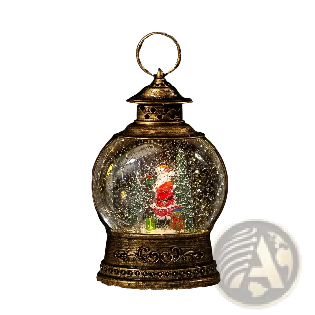 Antique brass lantern-shaped christmas snow globe music box featuring santa claus and festive trees inside glass sphere