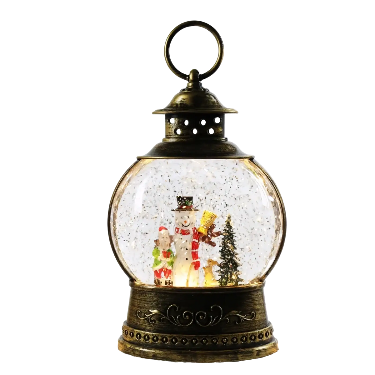 Antique brass lantern snow globe music box with glowing interior and miniature christmas figures inside