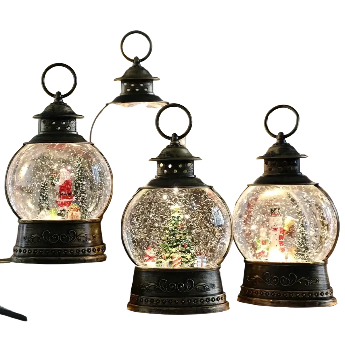 Antique bronze christmas lantern snow globe music box with clear glass globes featuring illuminated snow scenes and figures