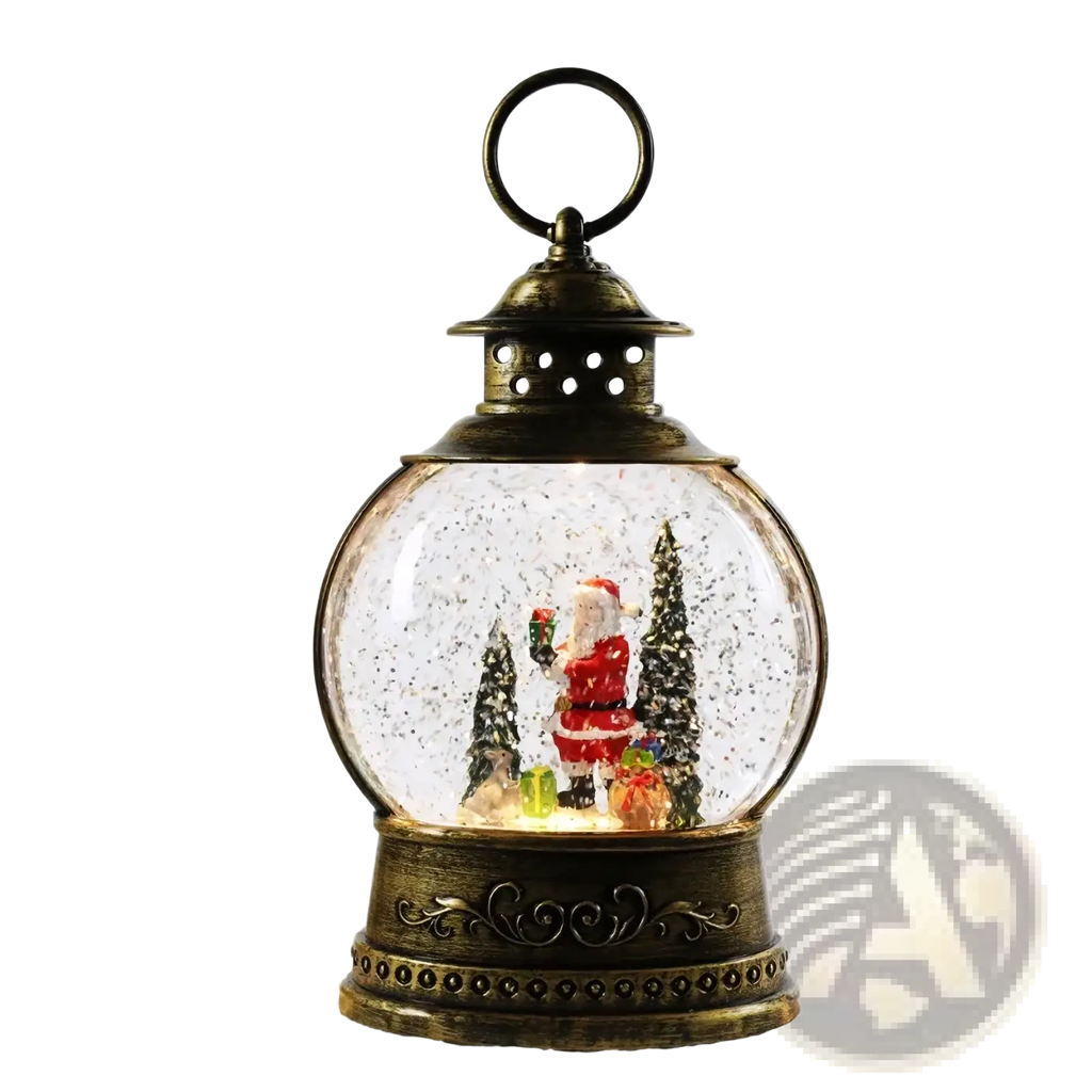 Antique brass christmas lantern snow globe music box featuring miniature santa with snowy pine trees and gifts inside