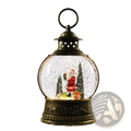 Antique brass christmas lantern snow globe music box featuring miniature santa with snowy pine trees and gifts inside