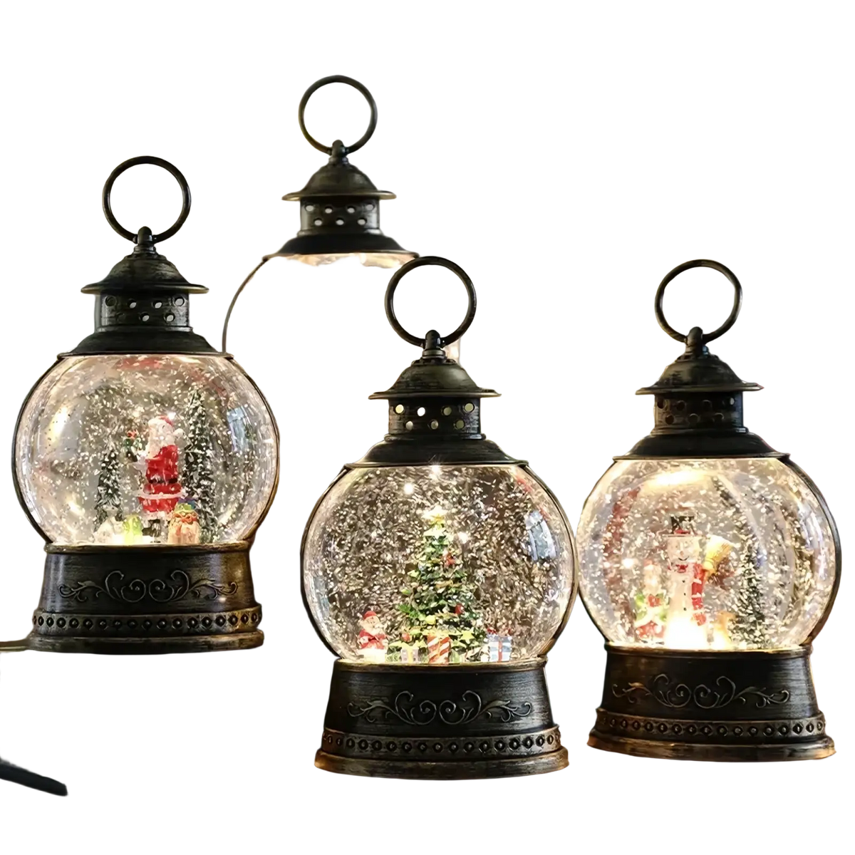 Four ornate dark bronze lantern style snow globe music boxes with illuminated miniature Christmas scenes inside glass spheres