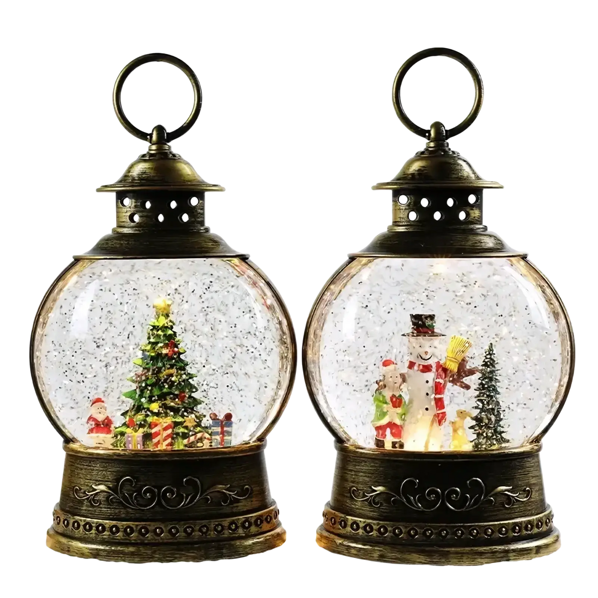 Two ornate brass lantern snow globes featuring festive scenes with glowing lights and falling glitter snow globe music boxes