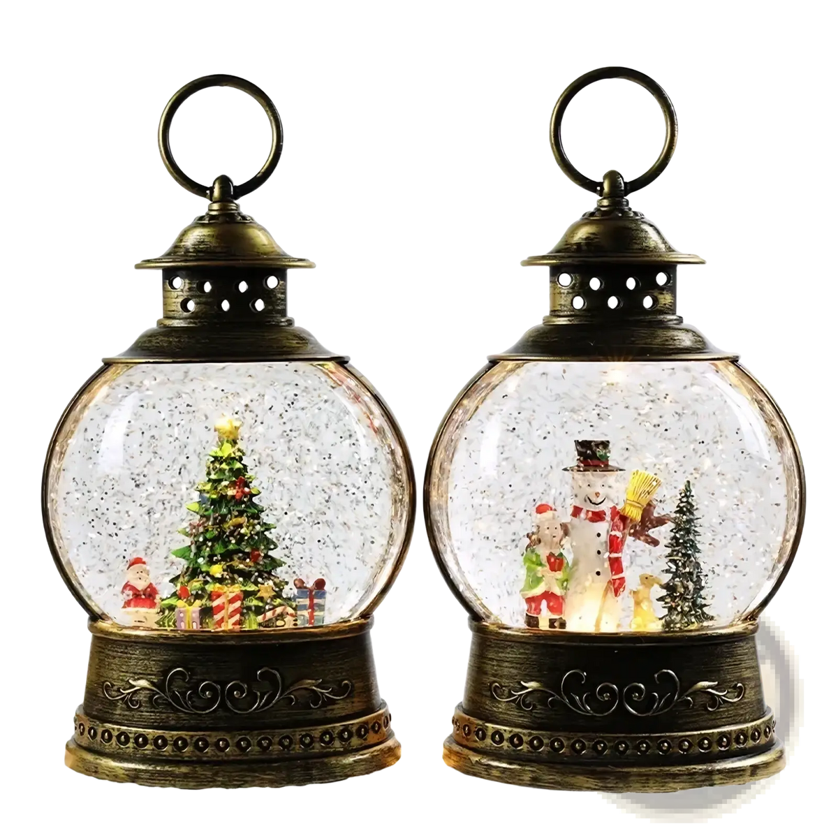 Two ornate brass Christmas lantern snow globe music boxes with glowing lights and falling glitter inside glass spheres