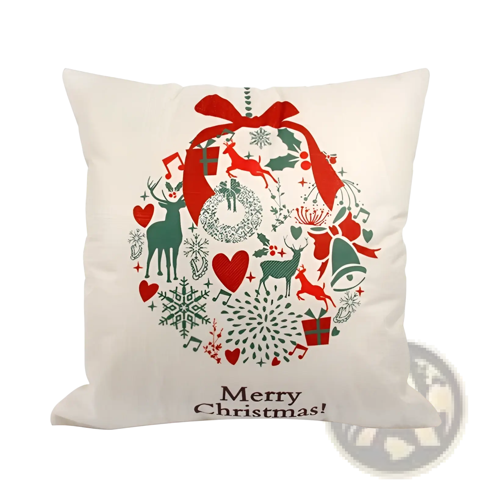 Cream-colored linen christmas pillowcase featuring festive wreath design with reindeer bells gifts and snowflakes