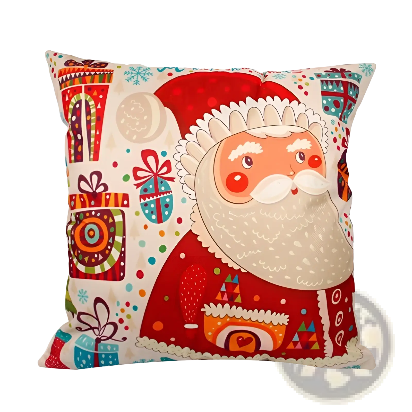 A festive red and cream linen santa claus throw pillowcase featuring cheerful gifts snowflakes and colorful patterns