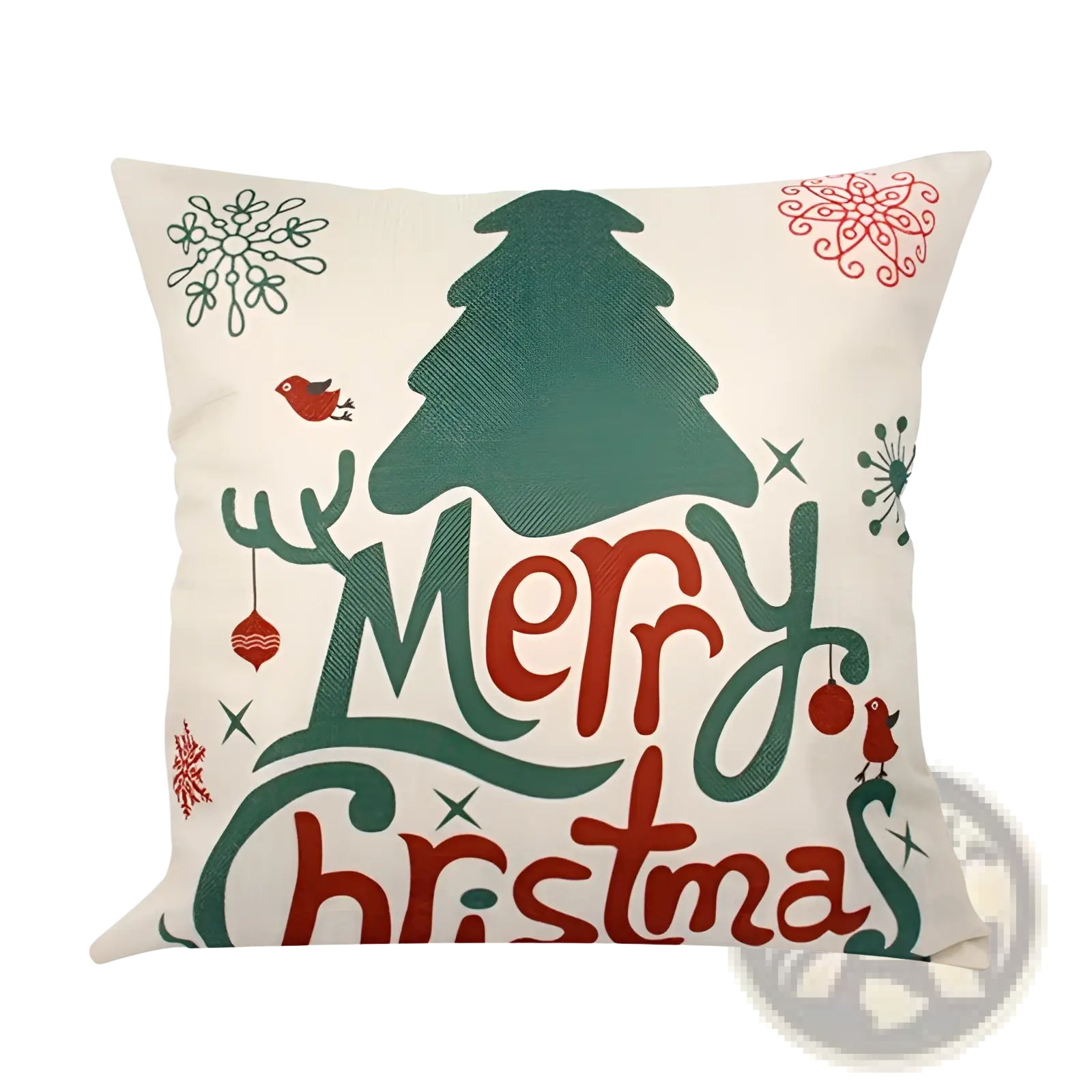 Beige linen holiday throw pillowcase featuring festive green and red merry christmas design with pine tree and ornaments