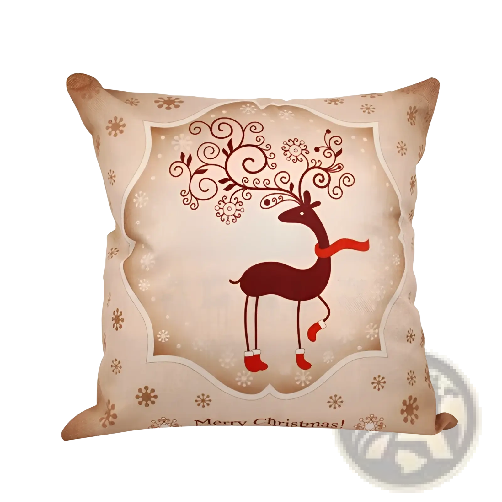 Beige Christmas linen pillowcase with red reindeer decorative antlers and scarf on snowy festive background