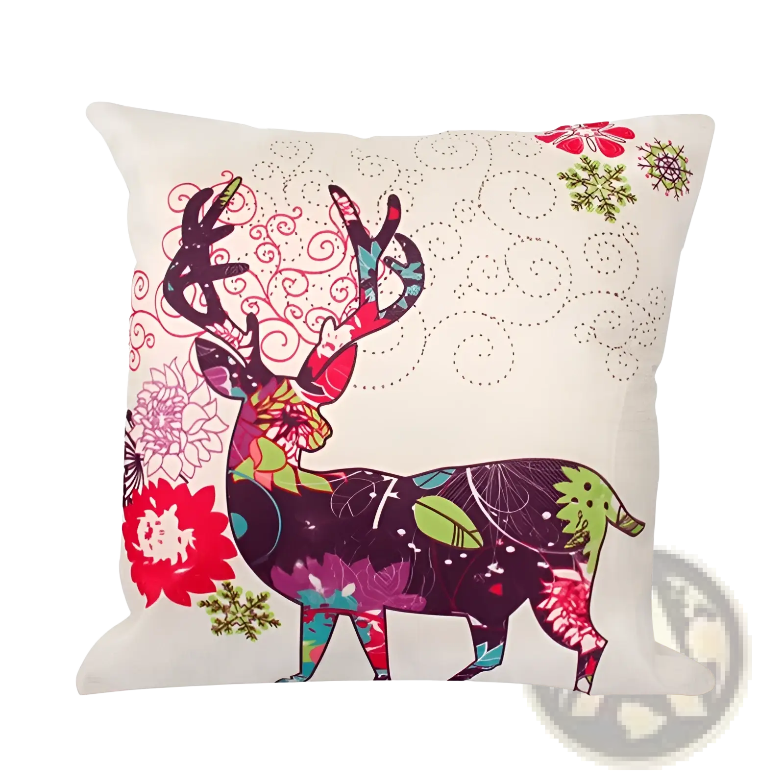 Christmas linen pillowcase featuring a vibrant pink and green floral deer design on off-white linen fabric