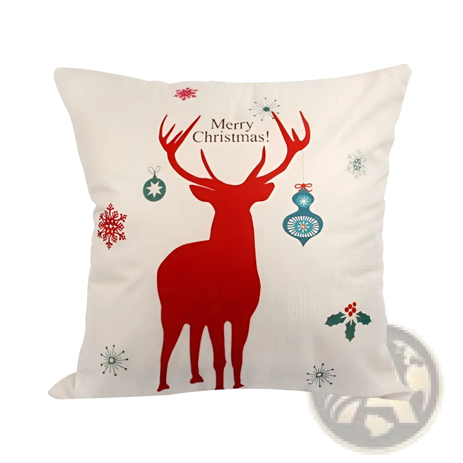 Cream-colored linen Christmas pillowcase featuring a red reindeer silhouette with festive ornaments and merry christmas text