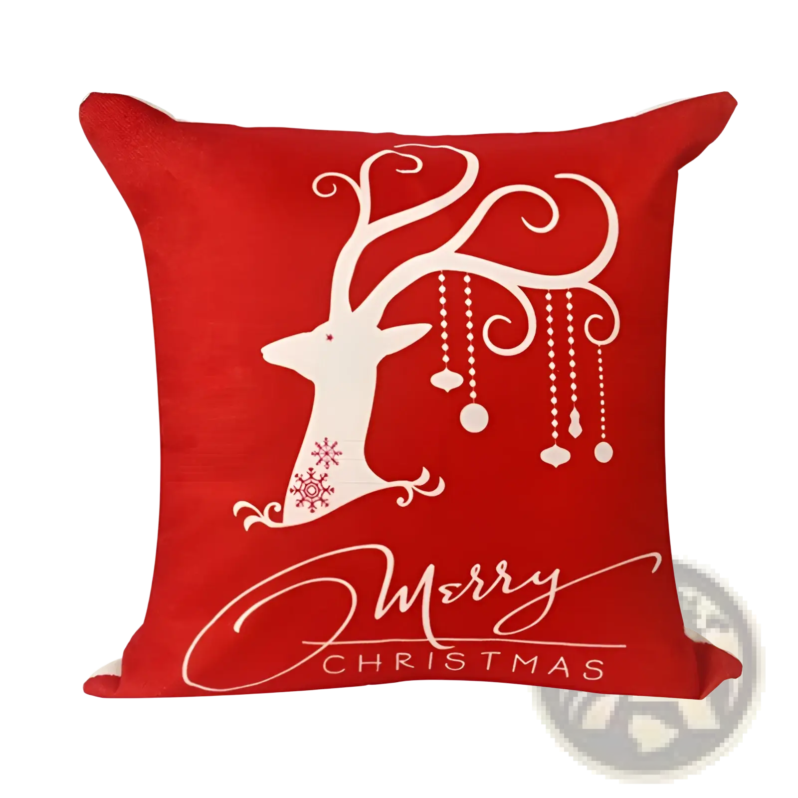 Red Christmas linen pillowcase featuring white reindeer with decorative antlers and merry Christmas script design
