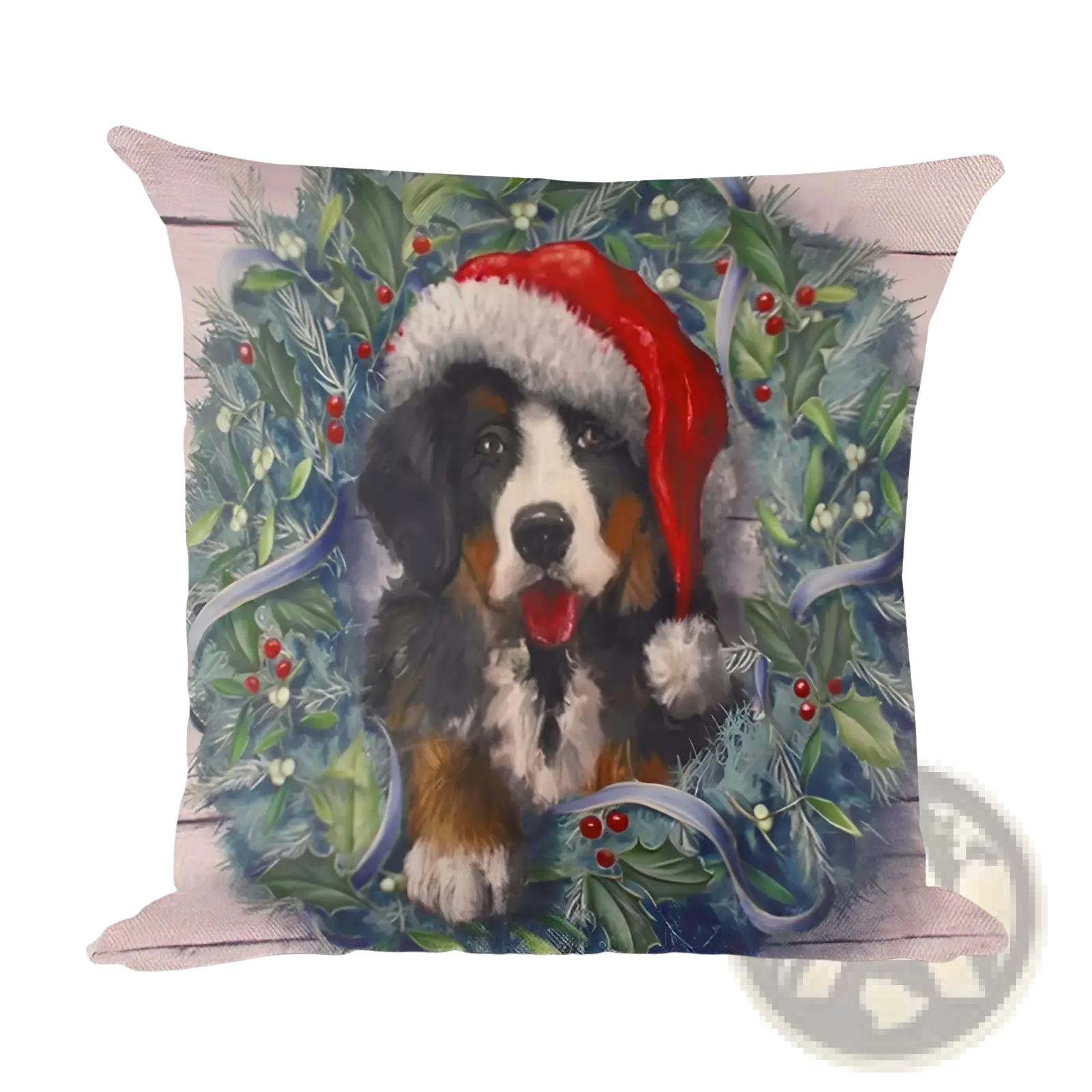 Christmas linen pillowcase featuring a festive wreath design with a black white and tan puppy in a red Santa hat