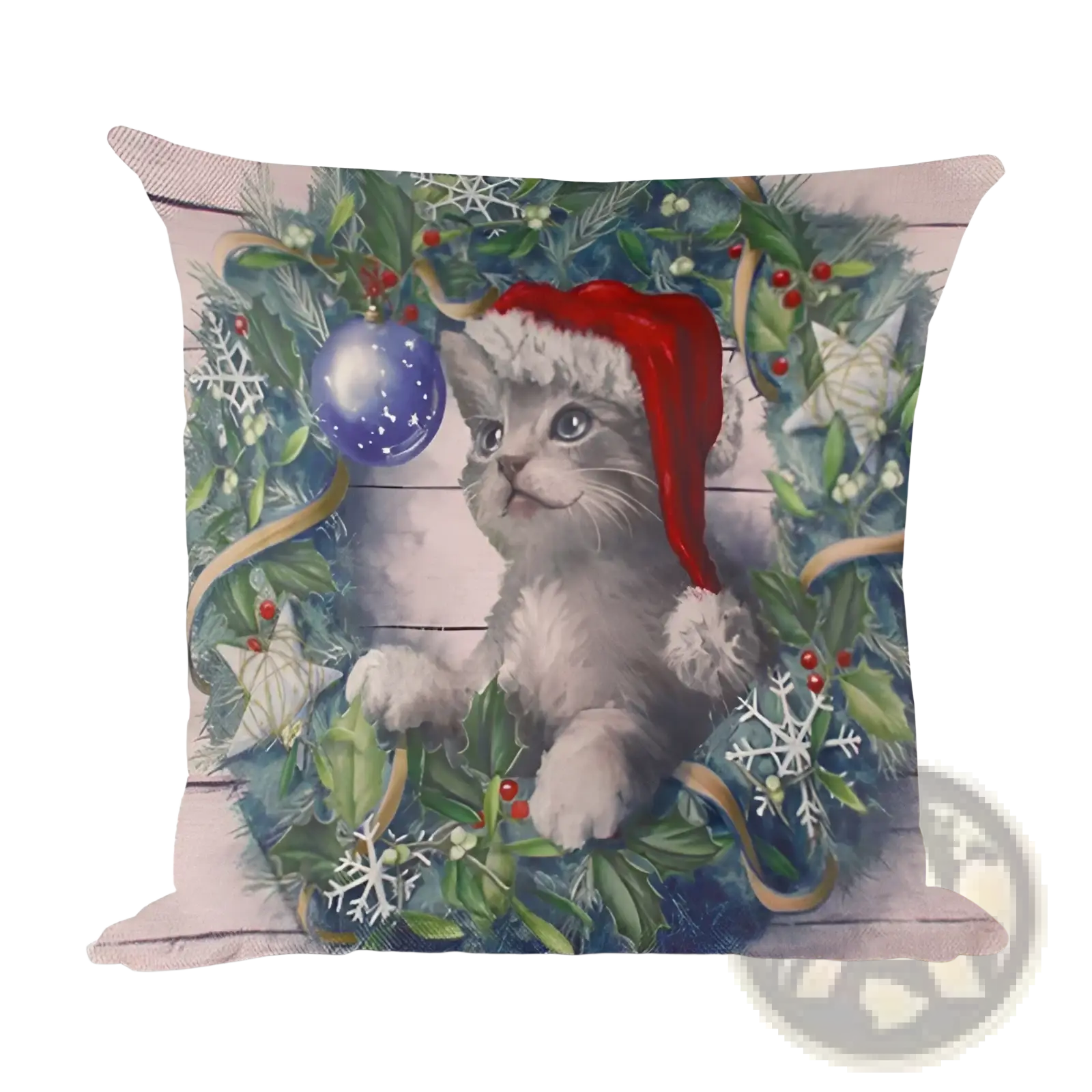 Christmas linen pillowcase featuring a cozy gray kitten in a red santa hat nestled in a festive green wreath design