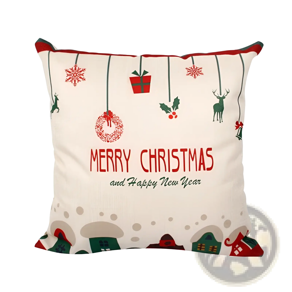 Cream-colored christmas linen pillowcase with festive wreath santa design red green motifs snowflakes gift box reindeer holly berries