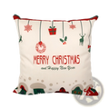 Cream-colored christmas linen pillowcase with festive wreath santa design red green motifs snowflakes gift box reindeer holly berries