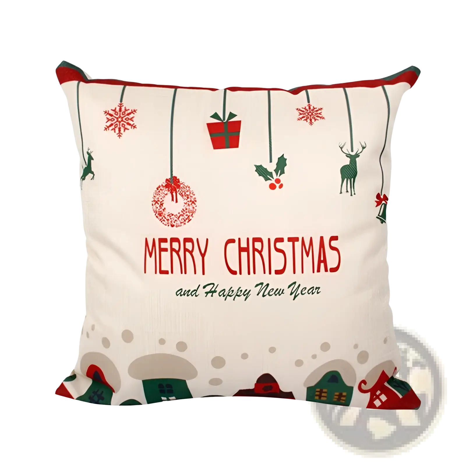 Cream-colored christmas linen pillowcase with festive wreath santa design red green motifs snowflakes gift box reindeer holly berries