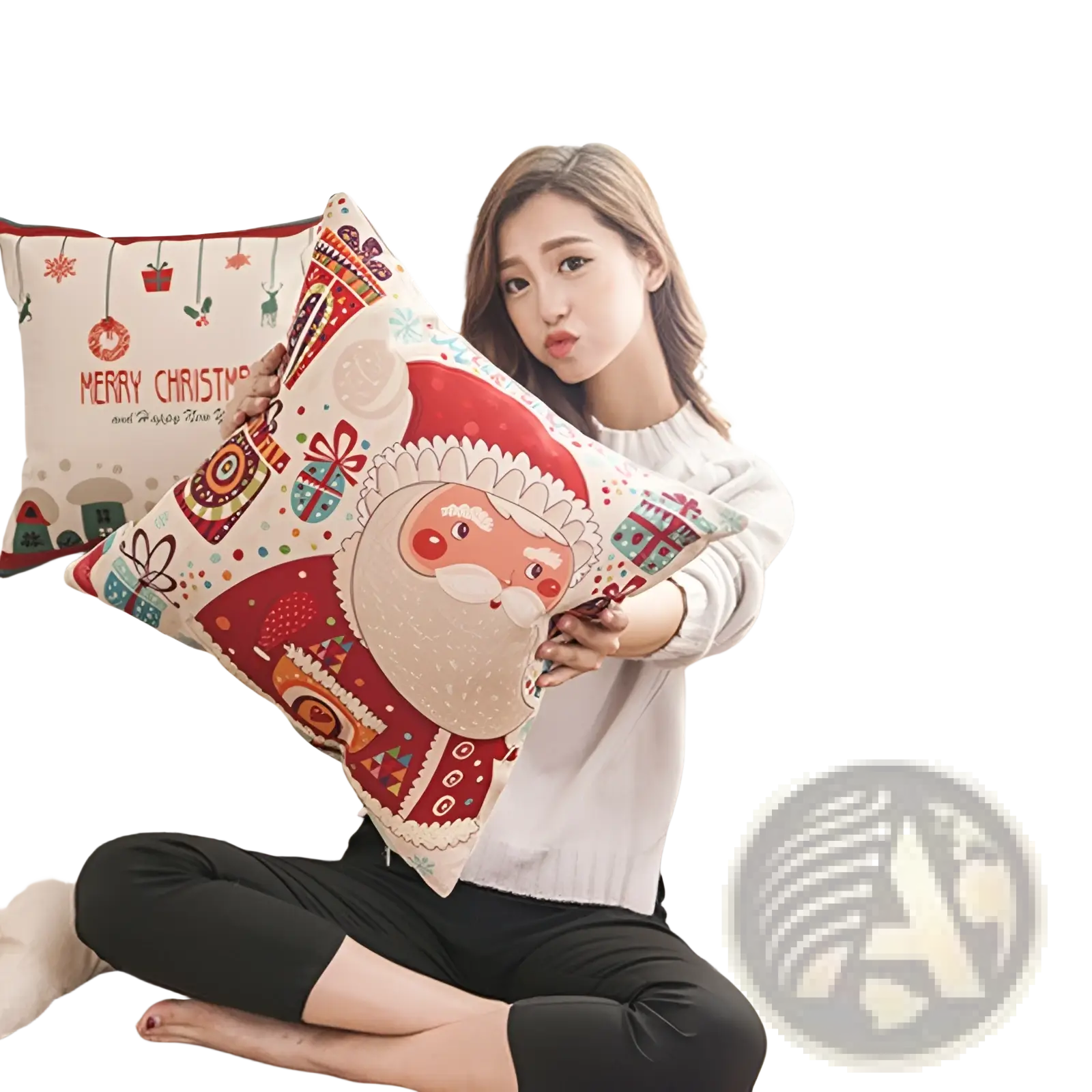 Red and white christmas linen pillowcase with festive wreath and cartoon santa claus design for holiday decor