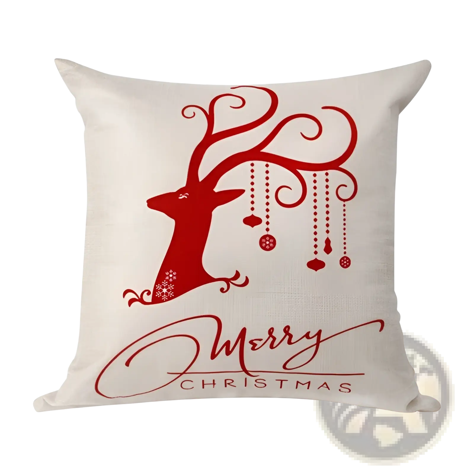Beige linen throw pillow with red reindeer and merry christmas script for festive Christmas decor