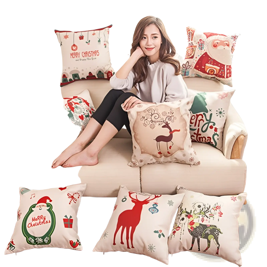 Beige christmas linen pillowcase with festive wreath santa reindeer and holiday ornaments in red green and brown