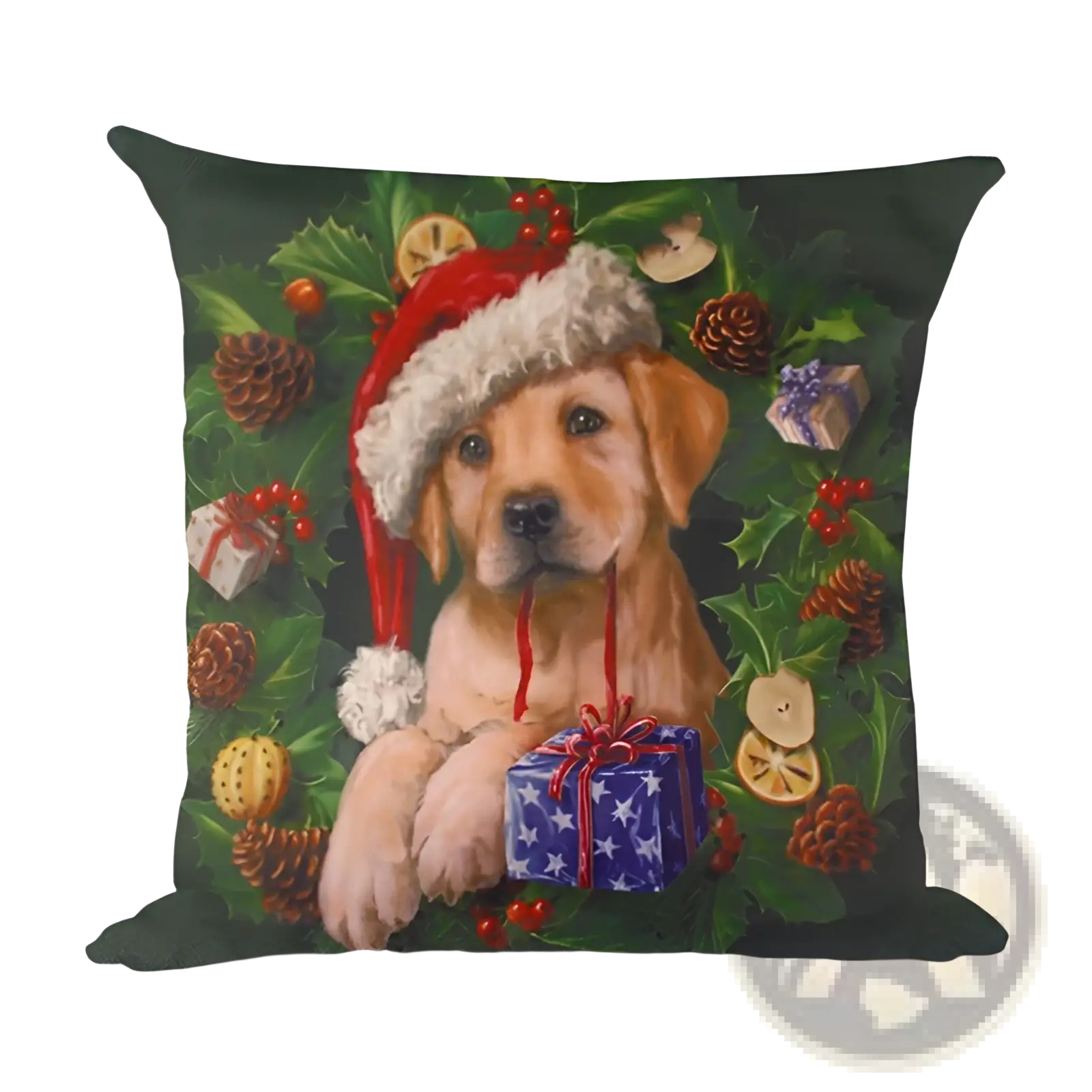 Christmas linen pillowcase featuring a light brown puppy in a santa hat surrounded by holly pinecones and gifts