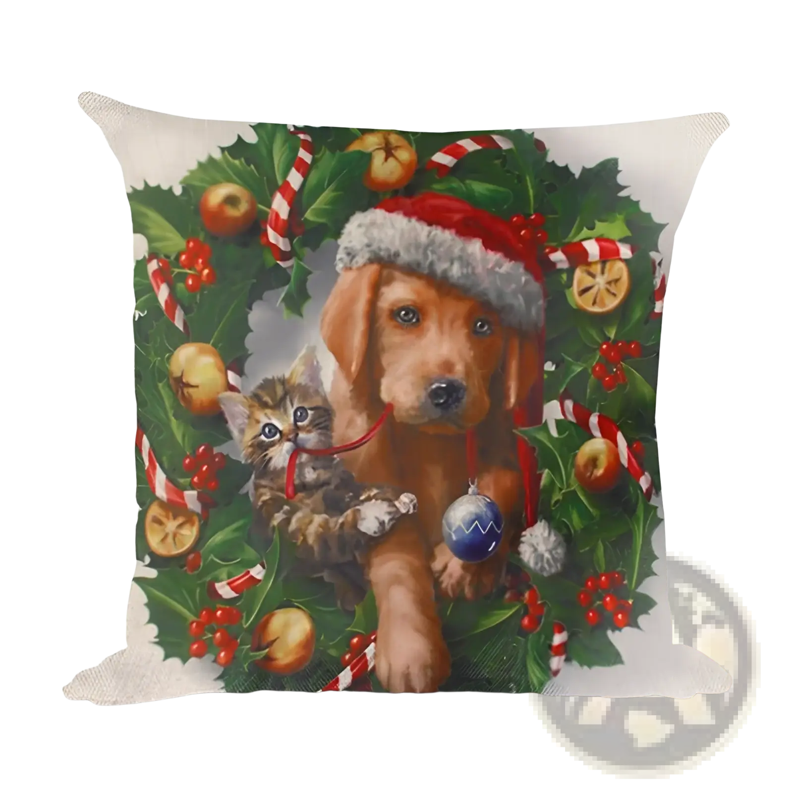 A festive linen square pillowcase with a brown puppy in a red santa hat inside a green holly wreath design