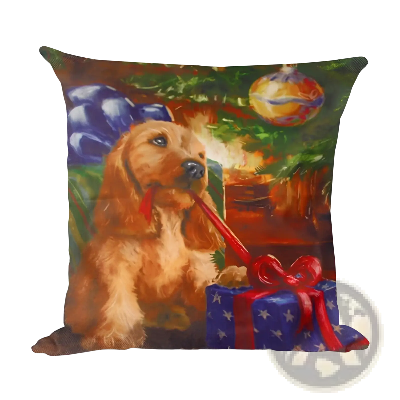 Christmas linen pillowcase featuring a golden retriever puppy with fluffy fur chewing a red ribbon on a blue gift box