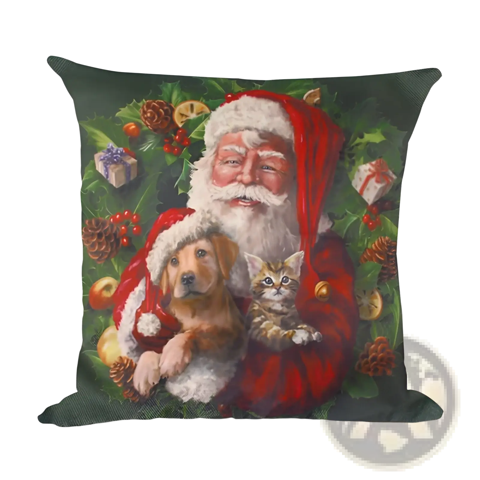 Christmas linen pillowcase featuring festive wreath santa claus in red holding a golden retriever and tabby kitten