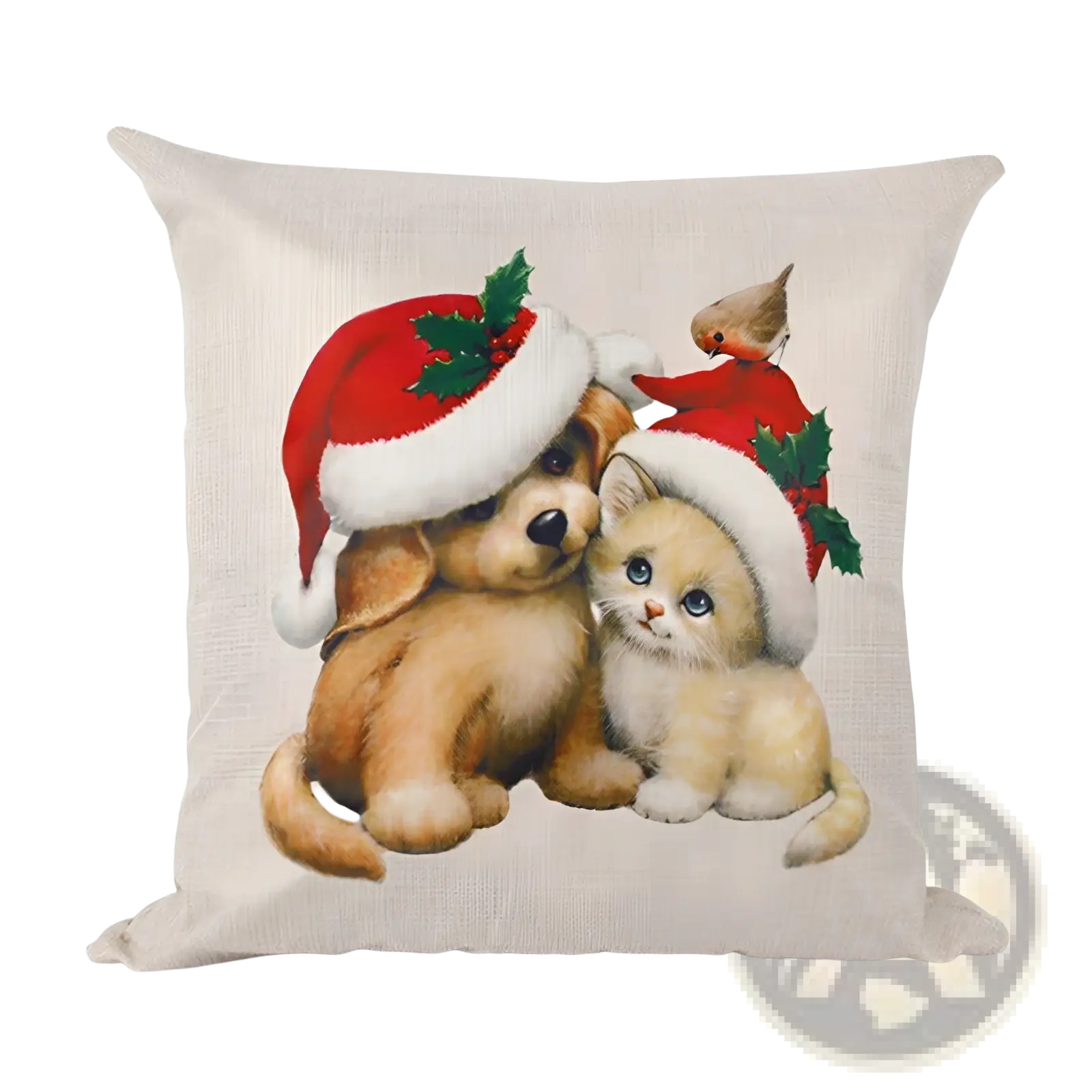 Beige linen throw pillow with a festive wreath santa design featuring a brown puppy and cream kitten in red hats
