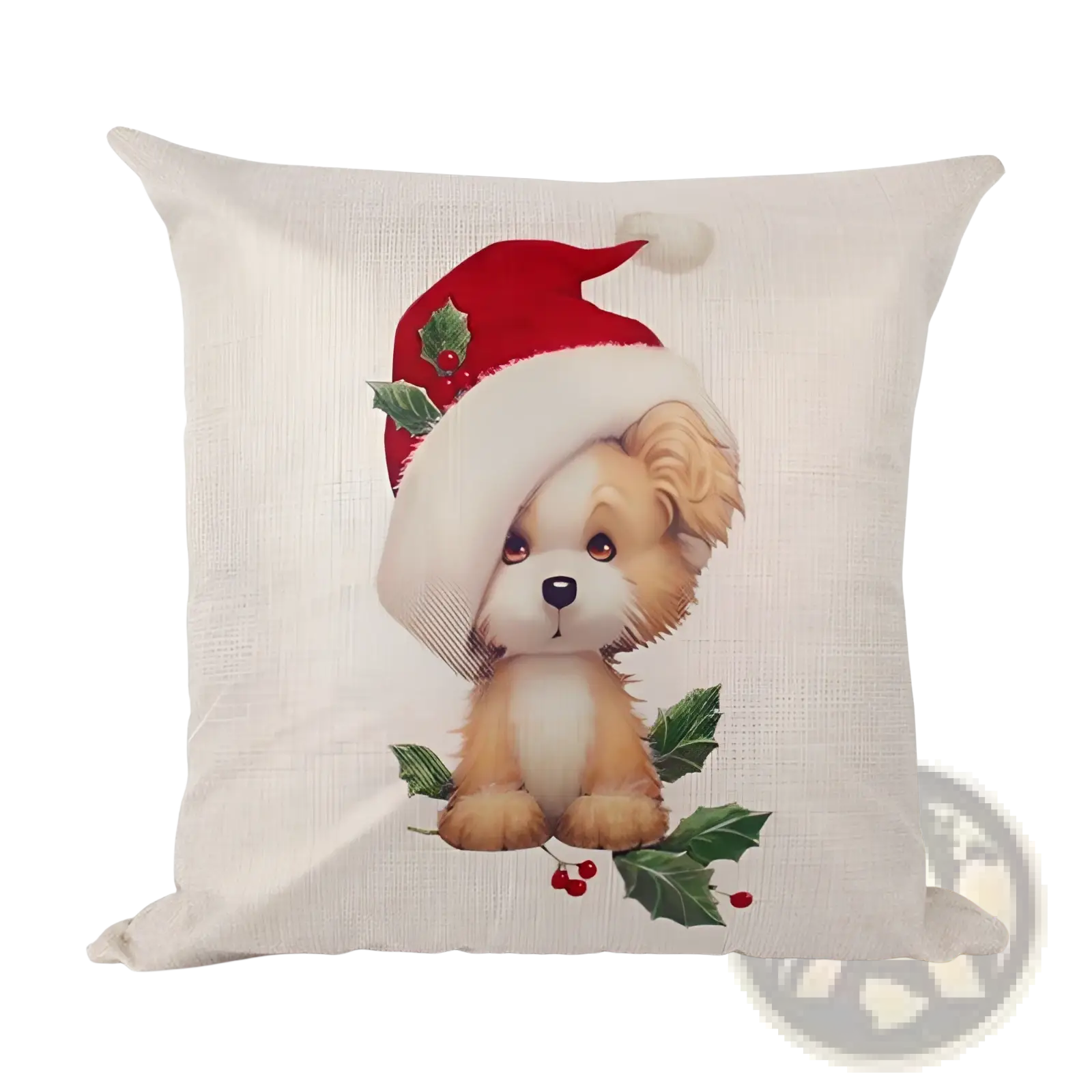 Beige linen Christmas pillowcase featuring a fluffy tan puppy wearing a santa hat with holly leaves and berries