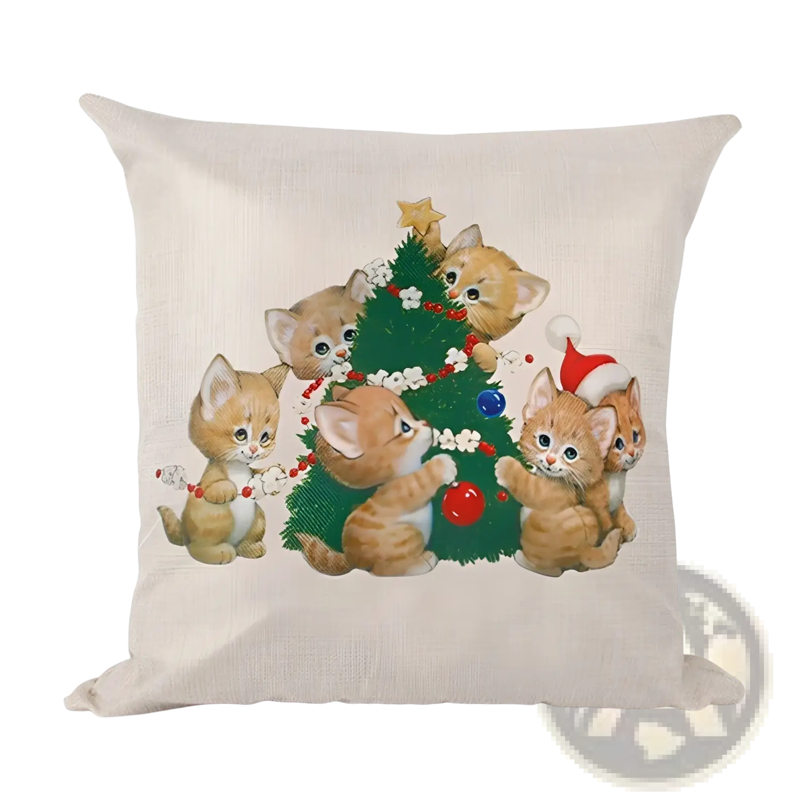 Beige linen Christmas pillowcase featuring orange kittens decorating a green tree with red and blue ornaments