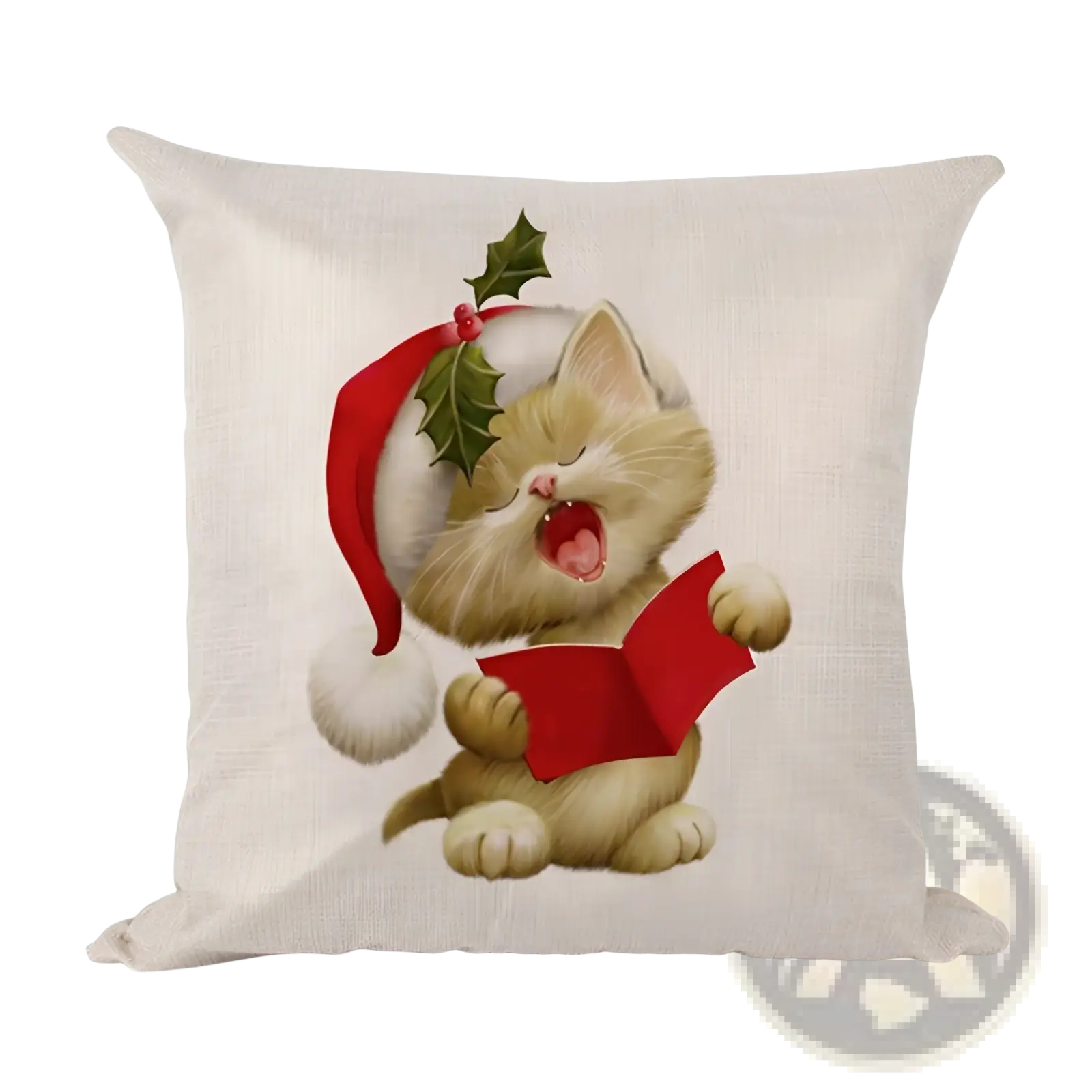 Beige linen Christmas pillowcase featuring a tan kitten with a red santa hat holding an open red book