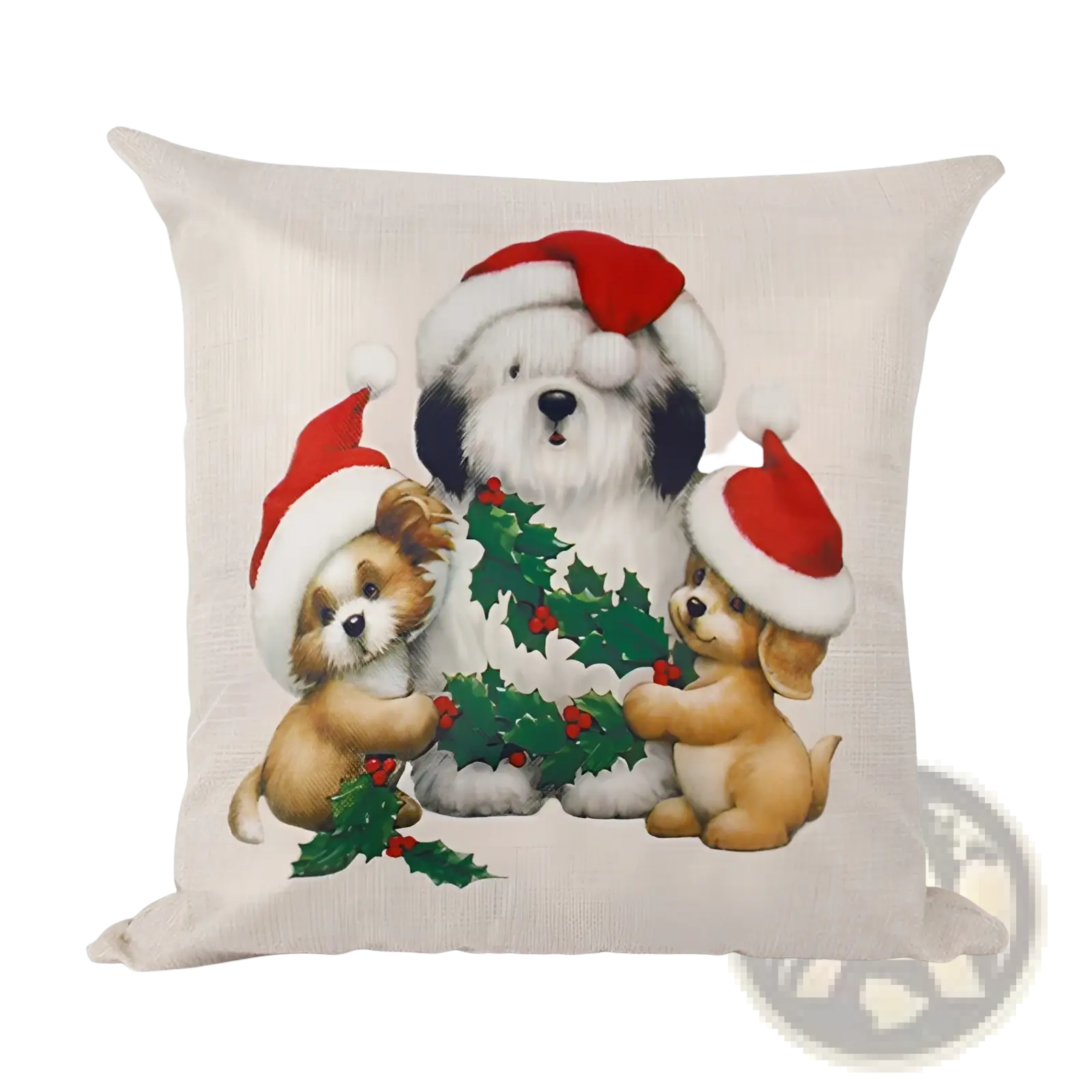 Beige linen throw pillowcase featuring a festive christmas design of three dogs in santa hats holding holly