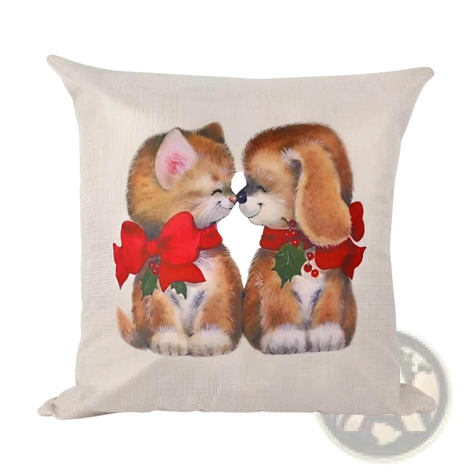 Beige linen throw pillow featuring printed illustration of orange and white kittens and puppies with red bows