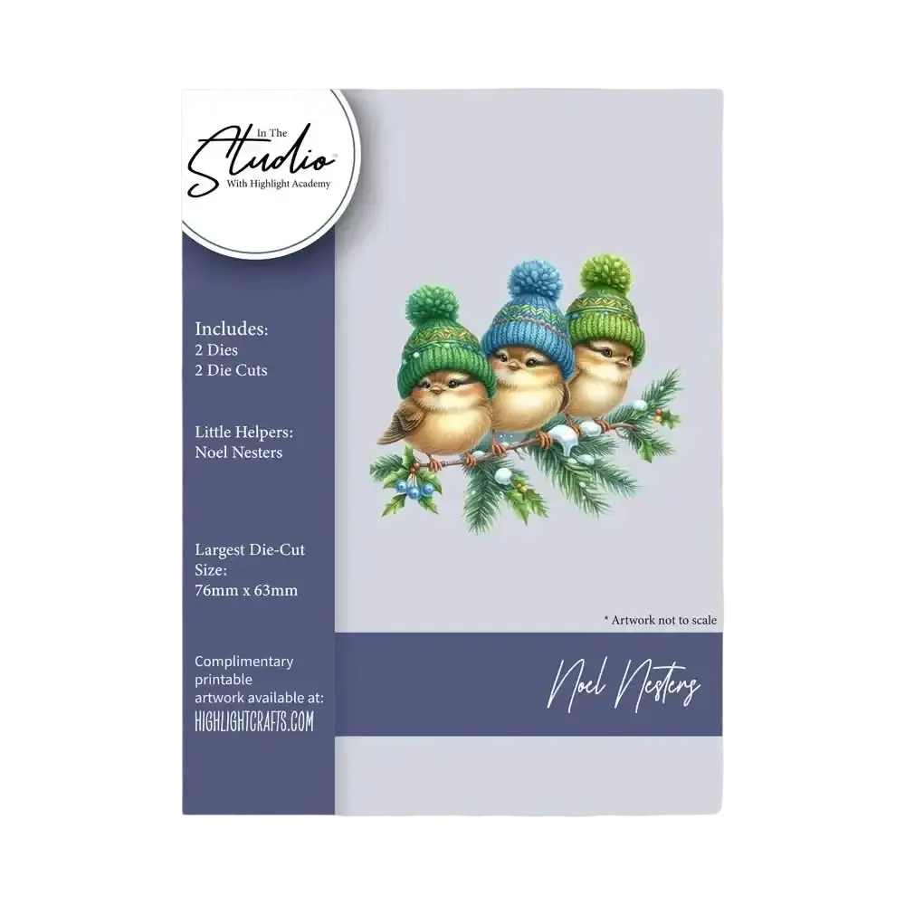 A charming Christmas metal cutting die and stamp set featuring three birds in colorful knit hats on a pine branch by Highlight Academy