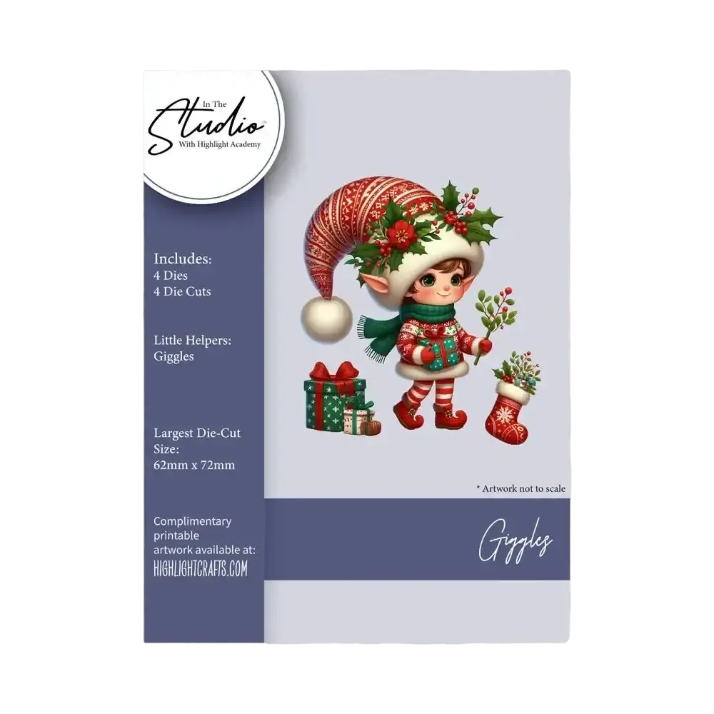 Christmas metal cutting die and stamp set featuring a festive elf in red and green with intricate patterns and holly accents