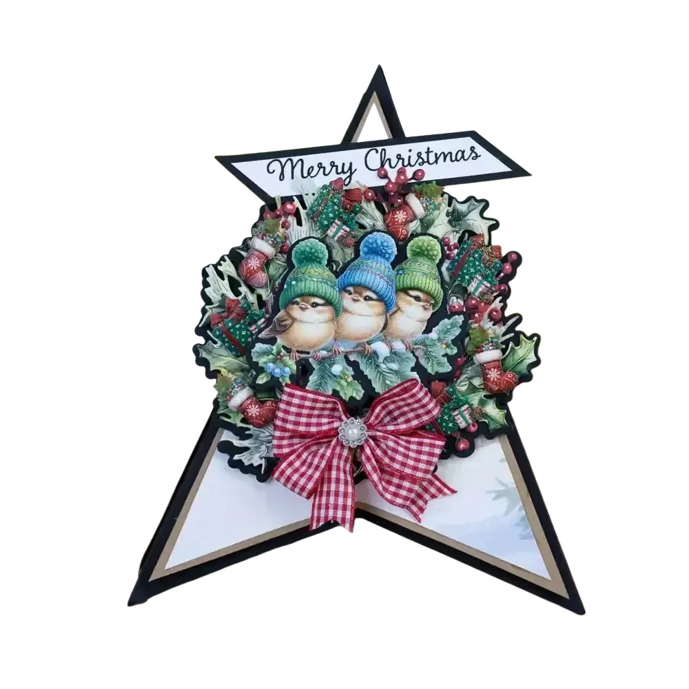 Christmas metal cutting die and stamp set featuring a festive card with three birds in colorful hats in a holiday wreath