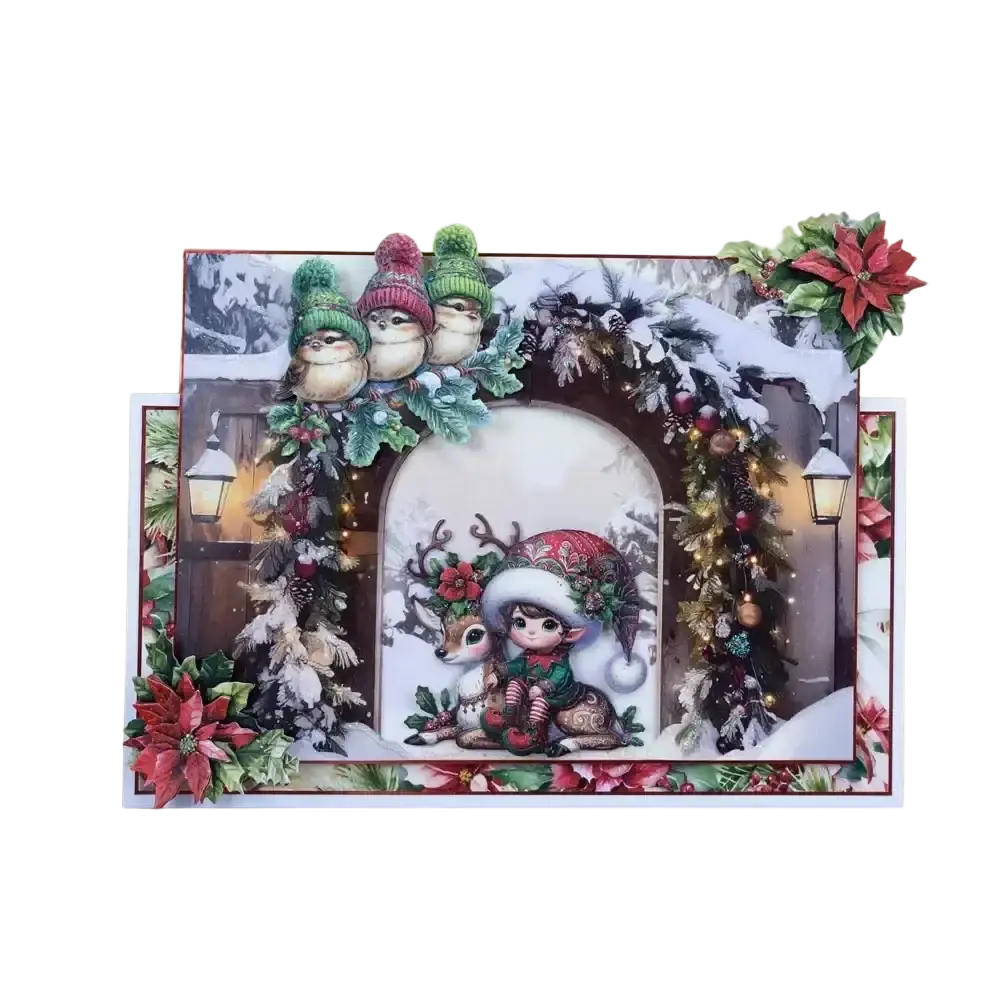 A festive christmas metal cutting die and stamp set featuring a child with a reindeer and decorative owls and pine elements