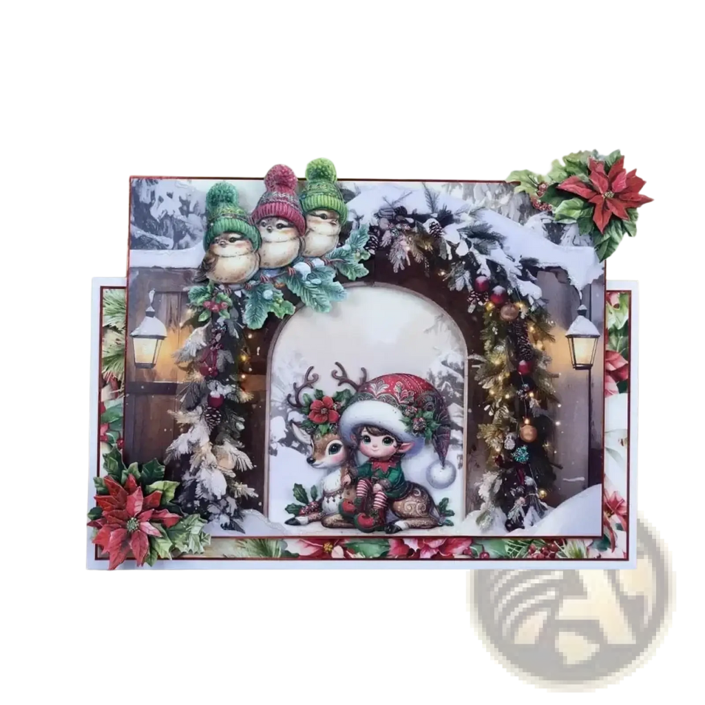 A festive christmas metal cutting die and stamp set featuring a child with a reindeer and decorative owls and pine elements
