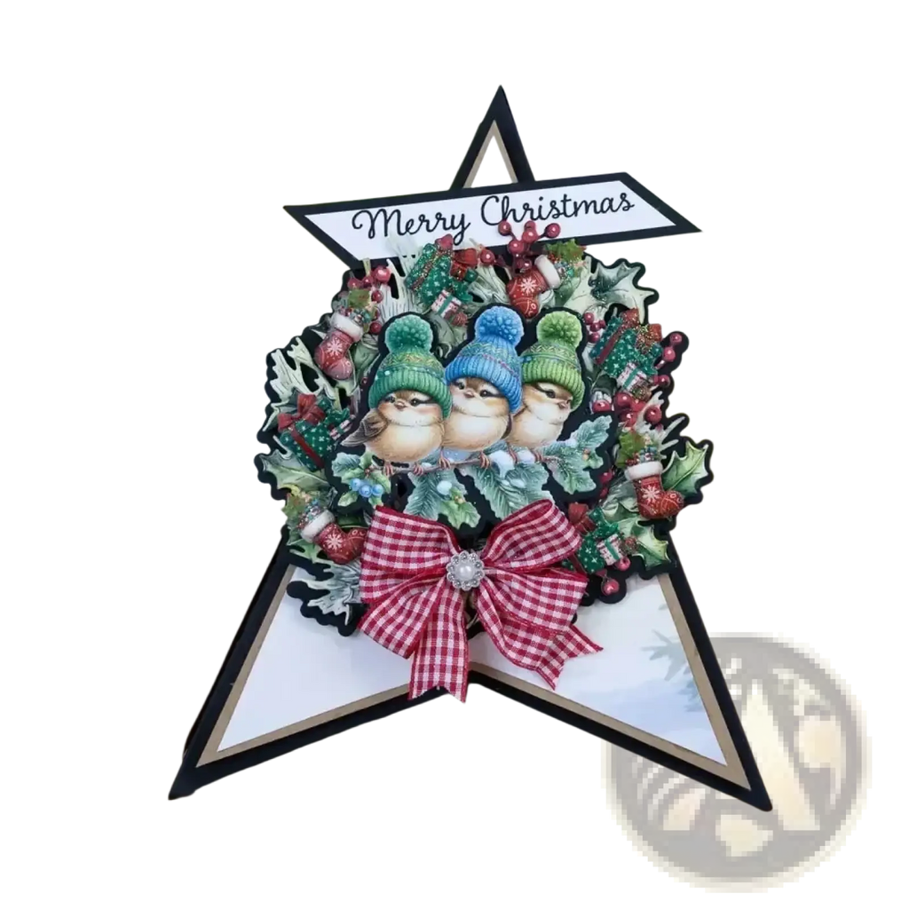 Christmas metal cutting die and stamp set featuring a festive card with three birds in colorful hats in a holiday wreath