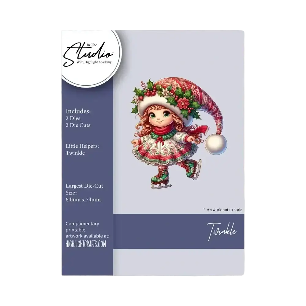 Christmas metal cutting die and stamp set featuring a festive die-cut of a girl in a red and green santa hat and ice skates